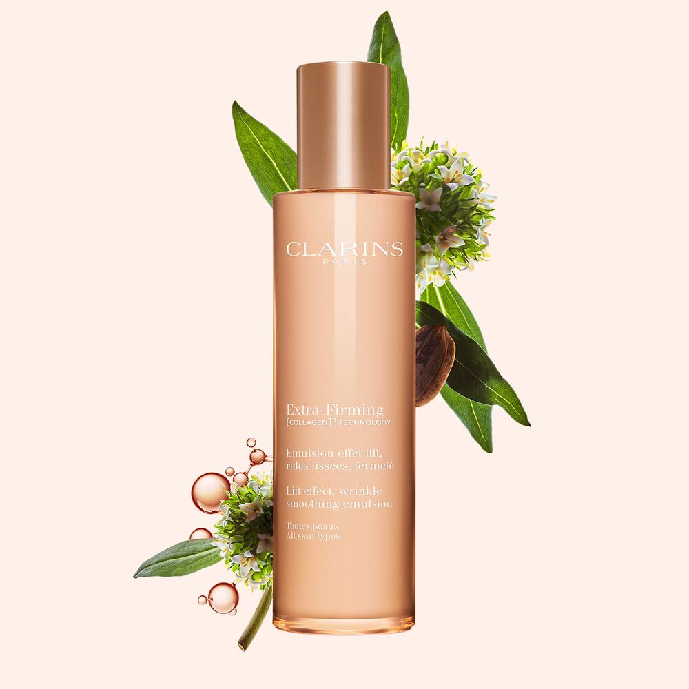 Packshot of Clarins Extra Firming Emulsion for all skin types, alongside mitracarpus plant, pecan seed, and collagen molecule