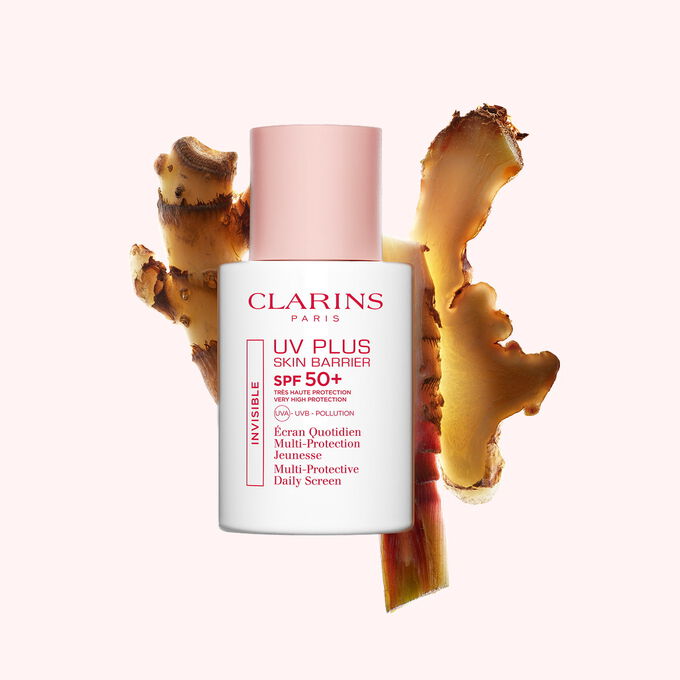 Packshot of Clarins UV Plus Daily Screen sun blocker in front of ginger slices, highlighting its key natural ingredient.