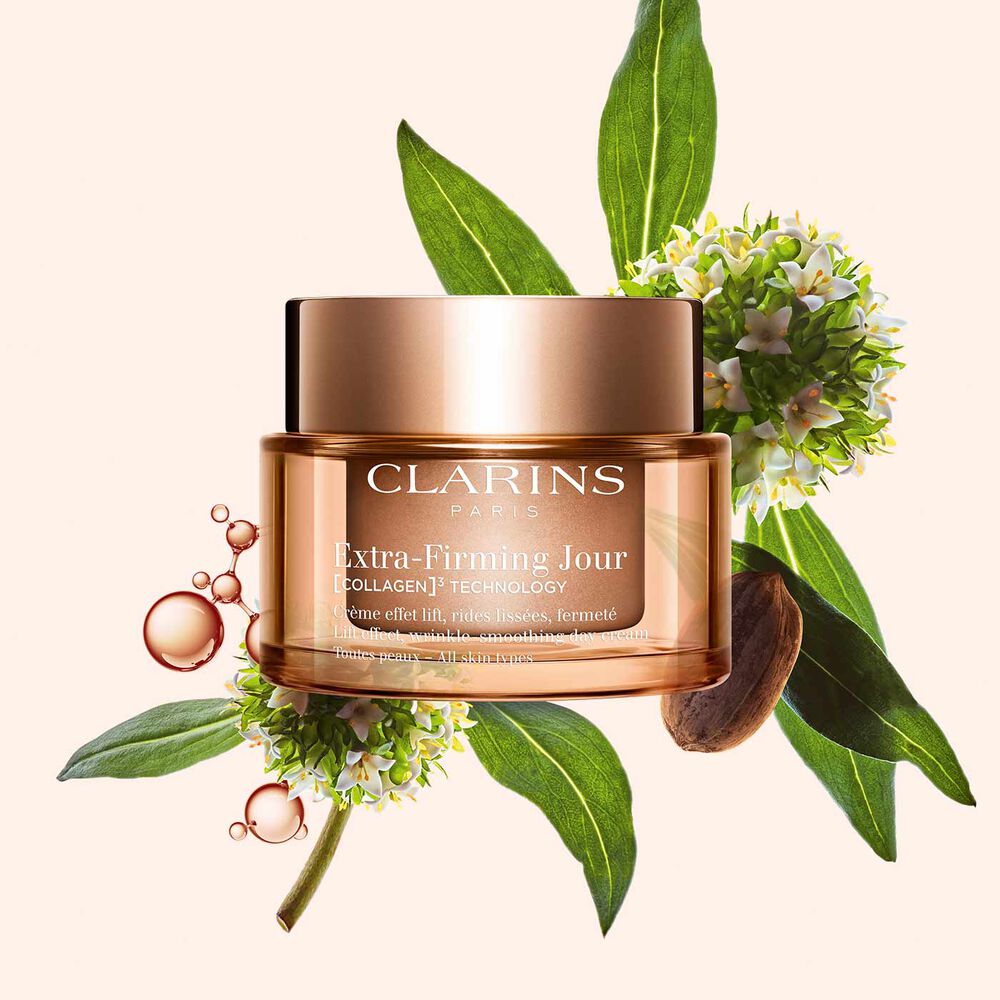 Packshot of Clarins Extra Firming Day Cream for all skin types, alongside mitracarpus plant, pecan seed, and collagen molecule