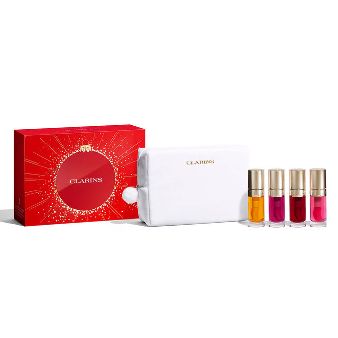 Packshot of Clarins Lip Oils Christmas gift set featuring must-have shades for everyday beauty and naturally enhanced lips