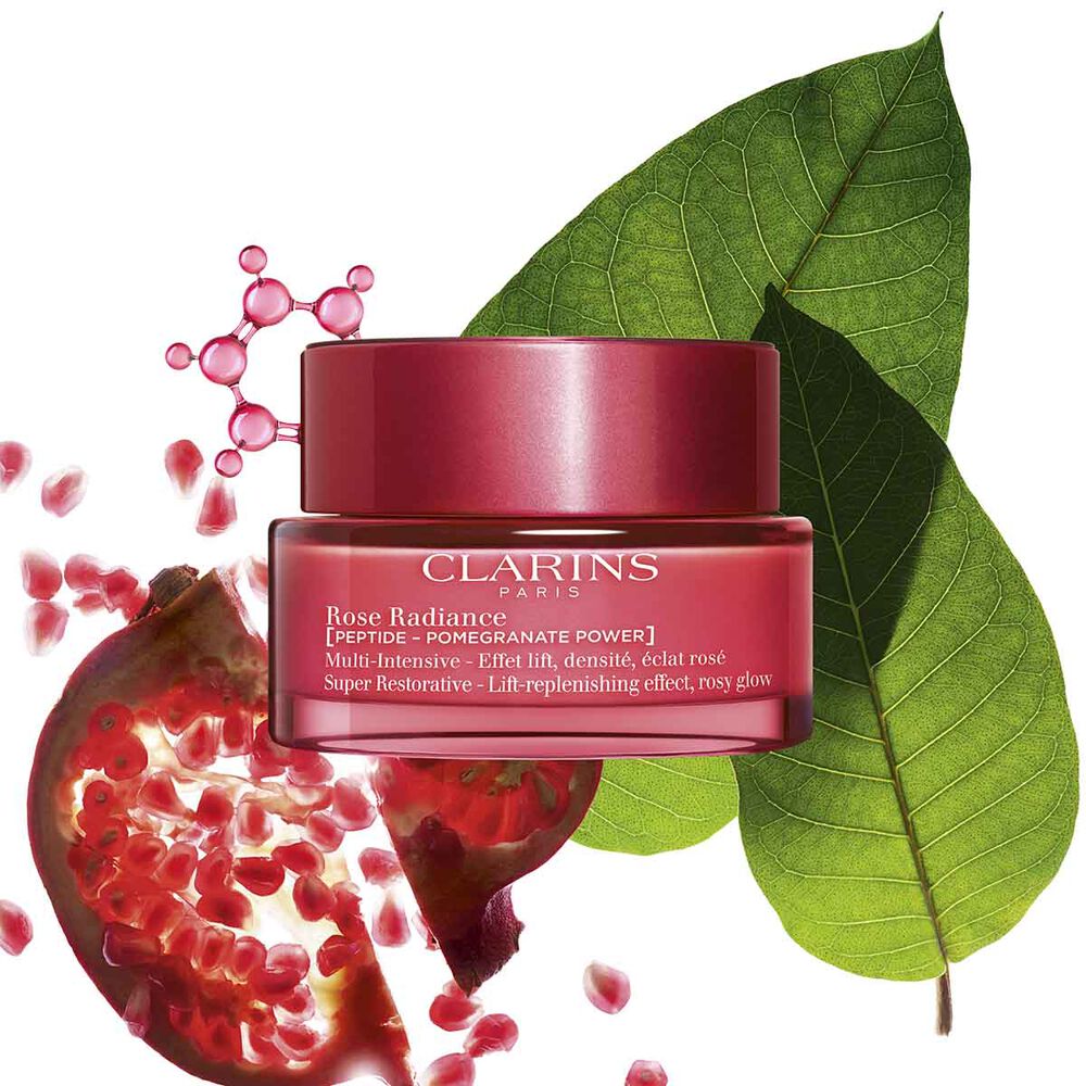 Super Restorative Rose Radiance packshot with harungana, pomegranate extract and peptide complex ingredients