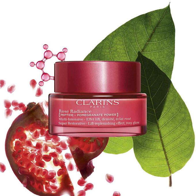 Super Restorative Rose Radiance packshot with harungana, pomegranate extract and peptide complex ingredients