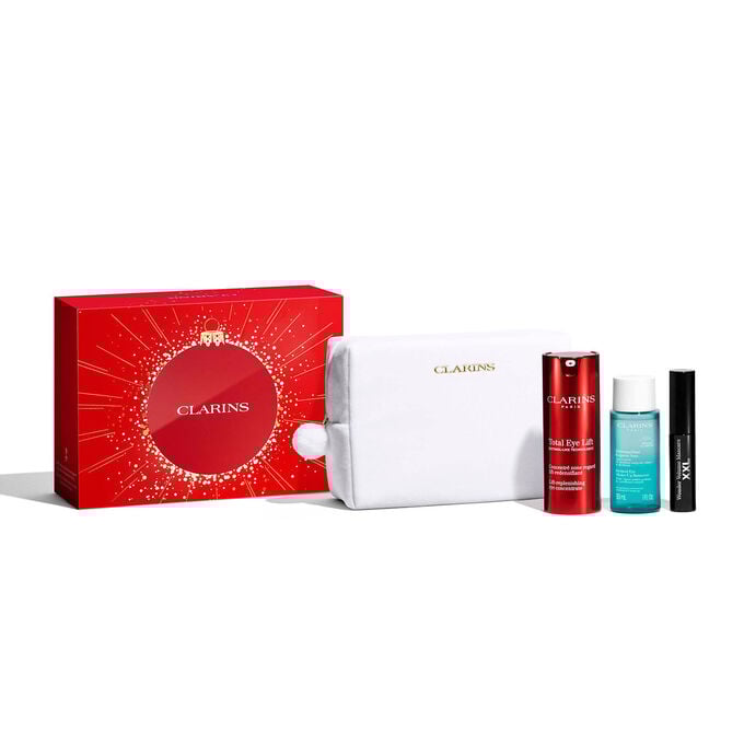Packshot of Clarins Eye Skincare Christmas gift set with must-have products to care for your complete eye routine daily