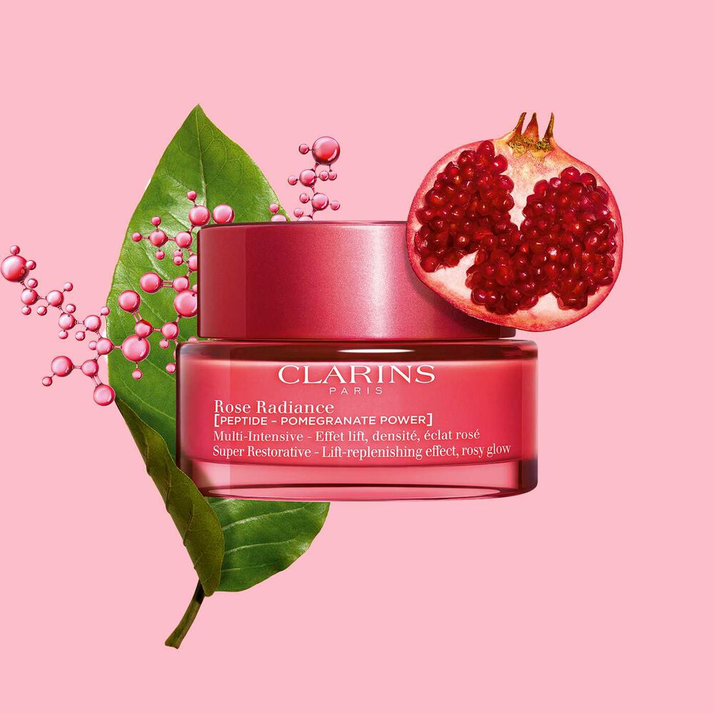 Super Restorative Rose Radiance packshot with harungana, pomegranate extract and peptide complex ingredients