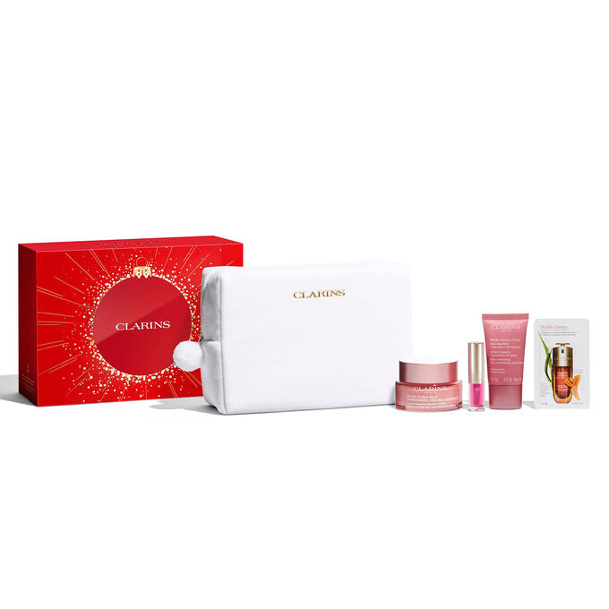 Packshot of Clarins Multi-Active Christmas gift set featuring must-have skincare for a first-wrinkle prevention routine