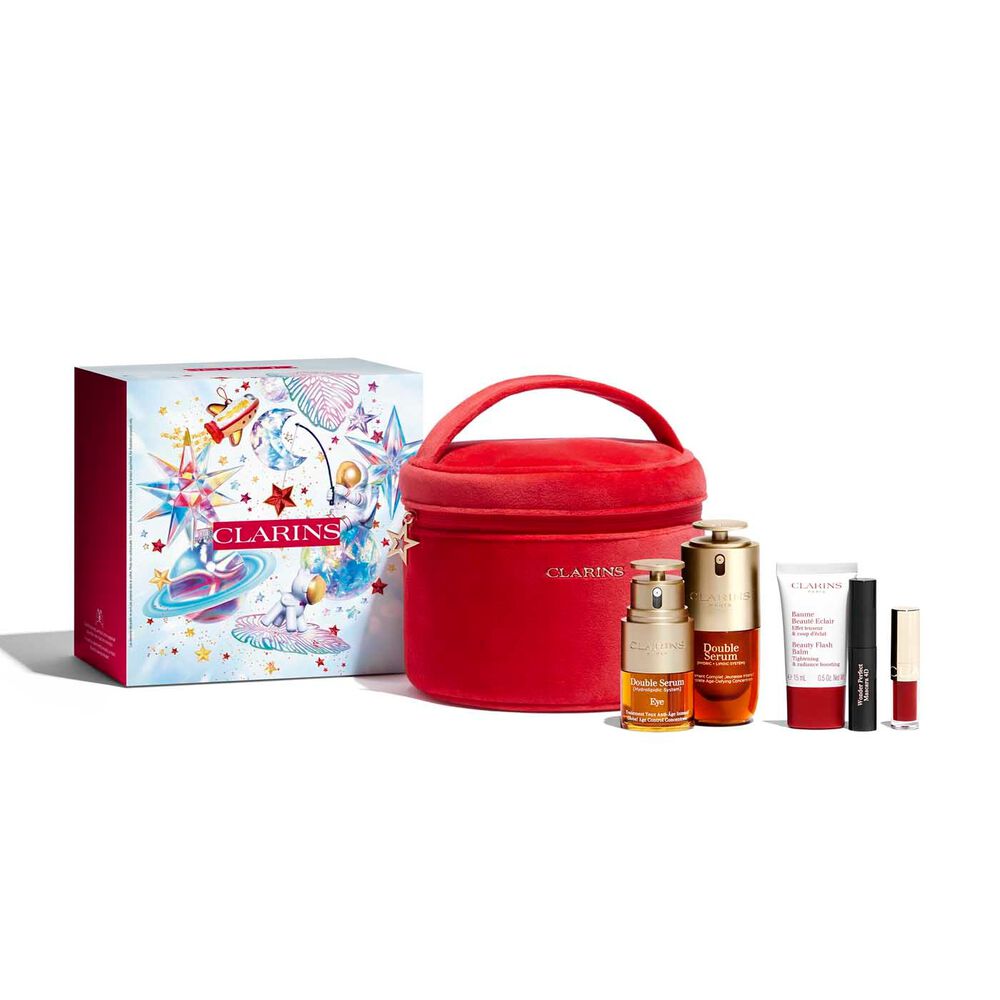 Packshot of Clarins Double Serum Holiday Season Gift Set: Includes face and eye products in a gift package with makeup bag.