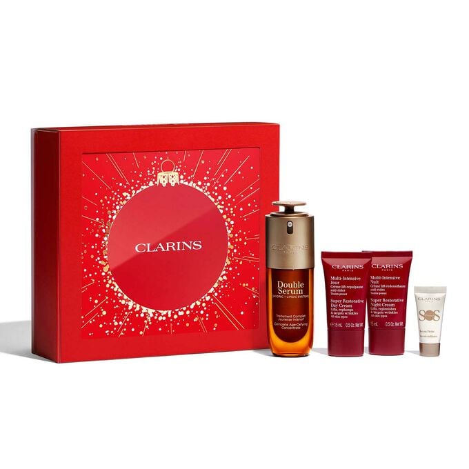 Packshot of Clarins Double Serum Christmas gift pack, featuring must-have products for an anti-aging skincare routine.