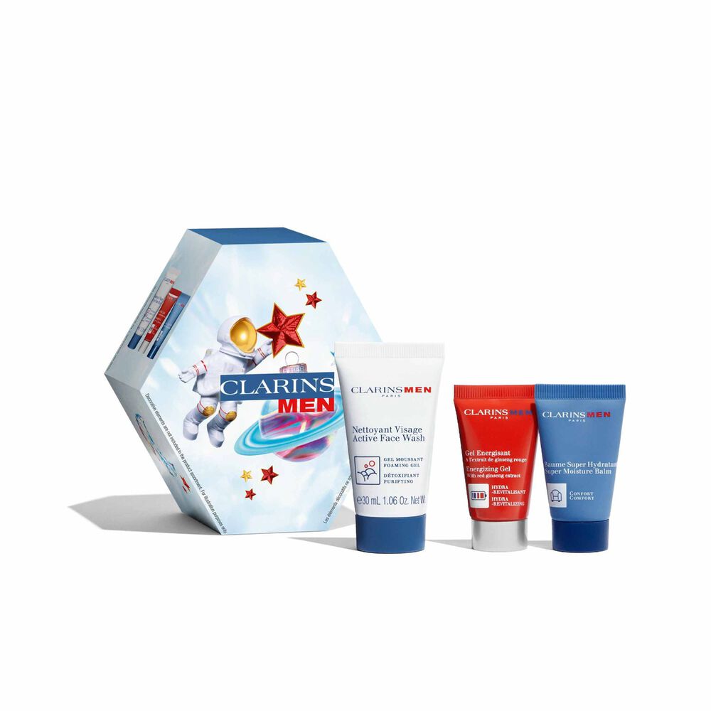 Photoshoot of ClarinsMen Holiday Season Gift Set, which includes a face wash, a moisturising balm and an energising gel.