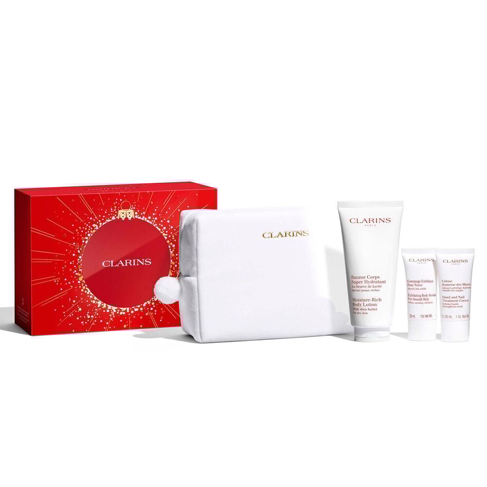 Packshot of Clarins Bodycare Christmas gift set featuring must-have products to exfoliate, hydrate and nourish your skin deeply