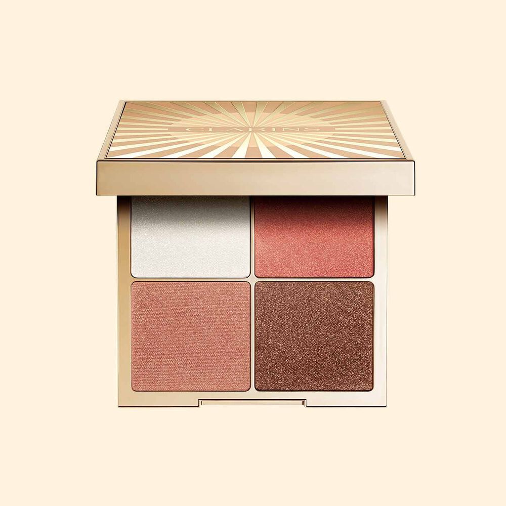 Packshot of Clarins Summer Colours Blush All-In-One Palette on a light orange background, showcasing its vibrant shades.