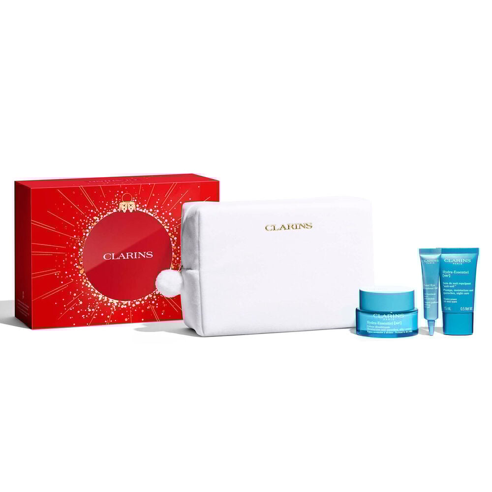 Packshot of Christmas gift pack, highlighting the hydrating, plumping, and de-puffing effects of Clarins' hydrating skincare range