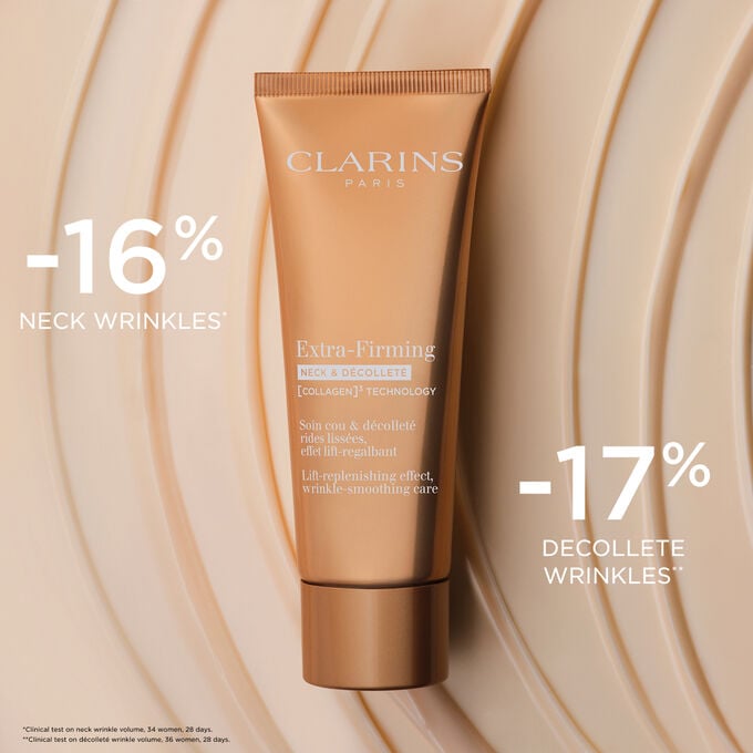 Packshot of Firming Neck & D&eacute;collet&eacute; Care on textured background, highlighting its wrinkle-reducing effect on the neck area.