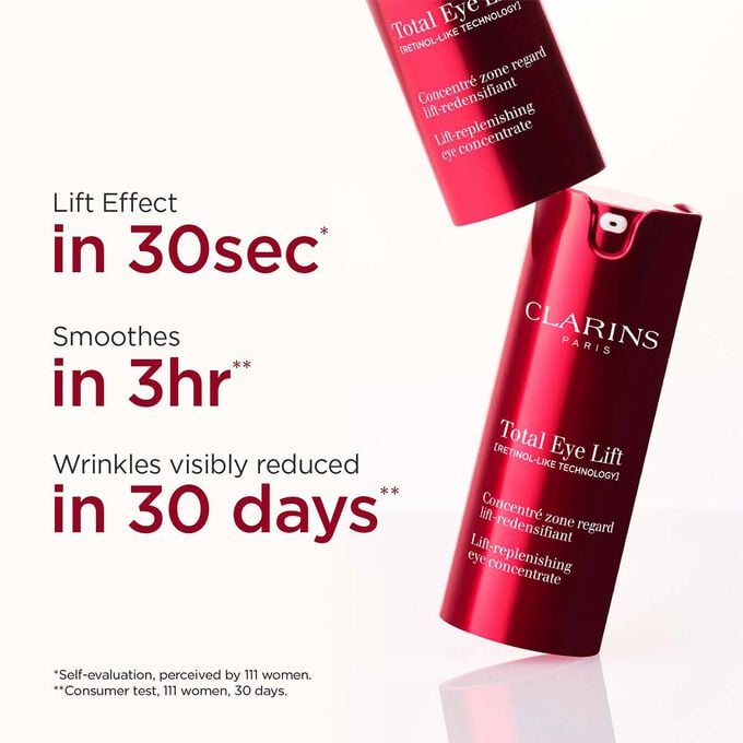 Packshot of Clarins Total Eye Lift with text highlighting its lift effect in 30s, smoothing in 3h, and wrinkle reduction in 30 days