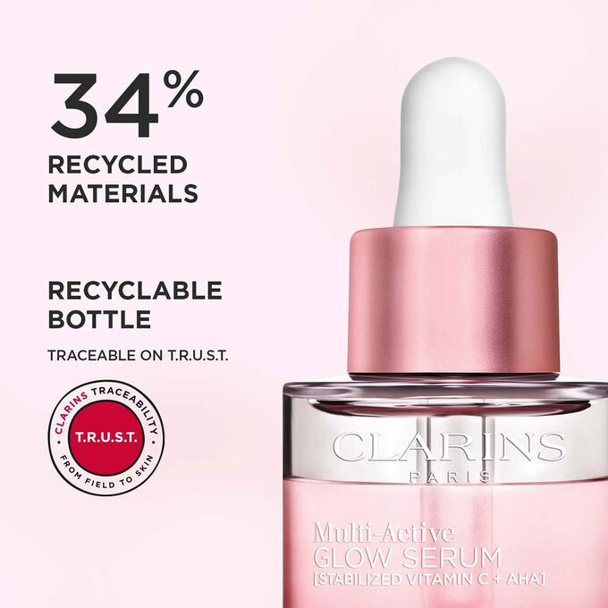 Close-up of Multi-Active Glow Serum bottle top, highlighting 34% recycled materials and recyclable design.