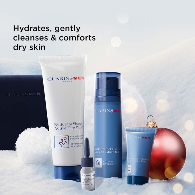 Packshot of Clarins Men Christmas gift set highlighting care that hydrates, cleanses, and soothes dry or sensitive skin types Packshot of Clarins Men Christmas gift set highlighting care that hydrates, cleanses, and soothes dry or sensitive skin types