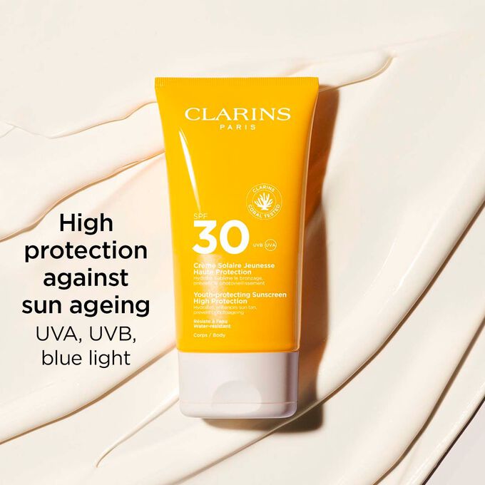 Clarins Youth-Protecting Sunscreen High Protection SPF 30 for the body which protects against UVA, UVB and blue light.