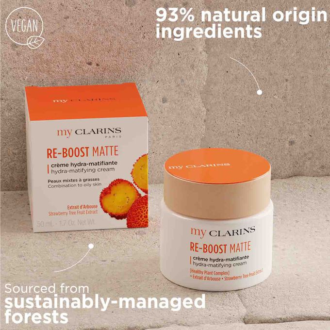 My Clarins Re-Boost Matte from 93% natural origin ingredient with packaging sourced from sustainably-managed forests
