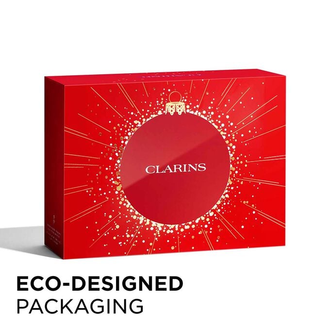 Packshot of Clarins Christmas gift pack with eco-friendly packaging, emphasizing sustainability and thoughtful gift-giving. Packshot of Clarins Christmas gift pack with eco-friendly packaging, emphasizing sustainability and thoughtful gift-giving.