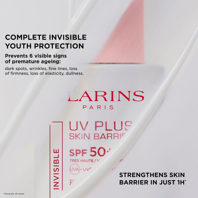 Half-hidden Clarins UV Plus Skin Barrier Fluid, highlighting invisible youth protection and skin barrier strength in 1 hour.