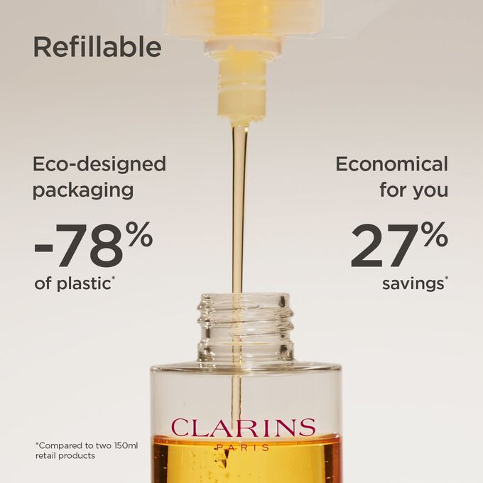 Focus on the Total cleansing oil refill, highlighting that it reduces plastic use by 78% and that you save 27% of money.