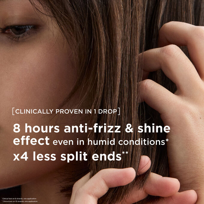 Anti-frizz hair oil treatment for eight hours of shine and four times less split ends, even in humid conditions.