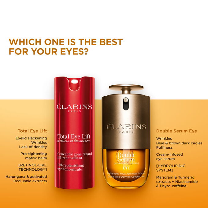 Compare Total Eye Lift and Double Serum Eye contour serum  to find your best anti-ageing care.