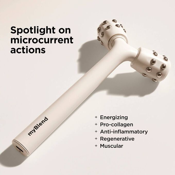White lifting face massager myLIFTINGroller tool displayed with a benefits list highlighting anti aging microcurrent actions.
