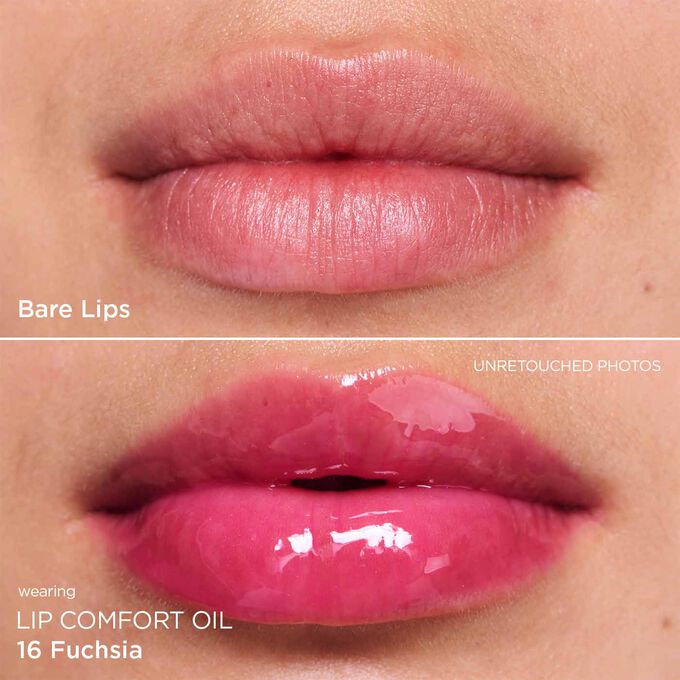Before and after close-up of a woman’s lips, showing the results after applying the fushia lip oil