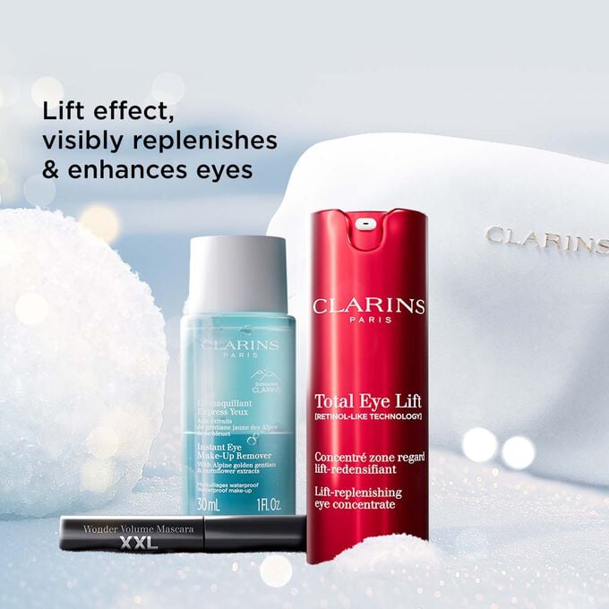 Packshot of Clarins Christmas gift set highlighting eye care that lifts, replenishes, and enhances the eyes visibly and gently