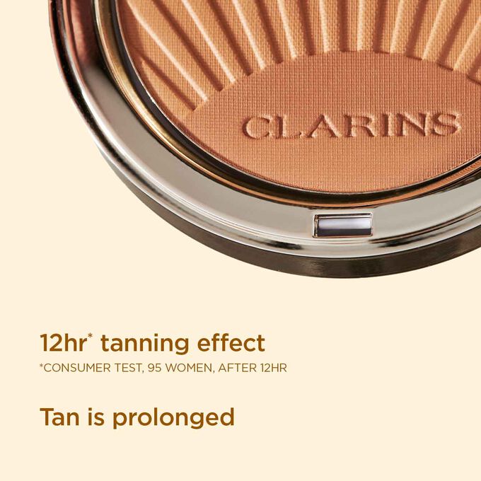 Close-up of the bronzing powder palette, showcasing its 12-hour tan effect and ability to extend a natural tan