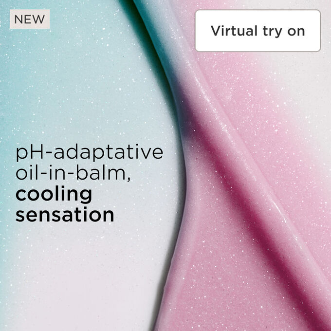 Textured background featuring pink and blue lip balms, illustrating pH-adaptative oil-in-balm with a cooling sensation