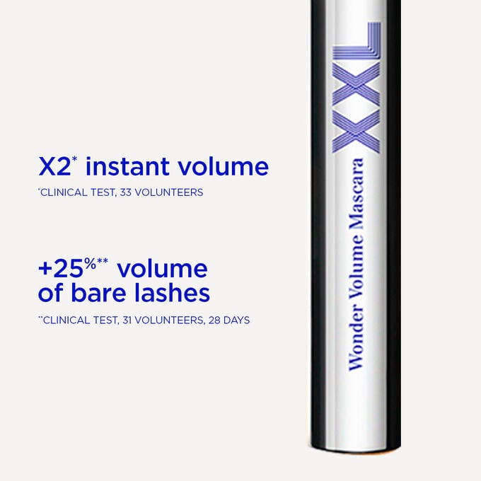 Close-up of Clarins Blue Mascara Supra Volume XXL, highlighting its instant X2 lash volume effect and 25% increase on bare lashes