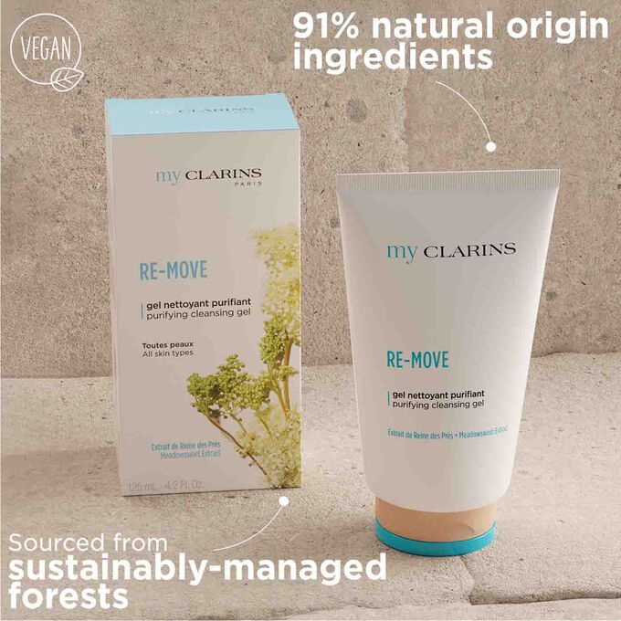 My Clarins Re-Move from 91% natural origin ingredient with packaging sourced from sustainably-managed forests
