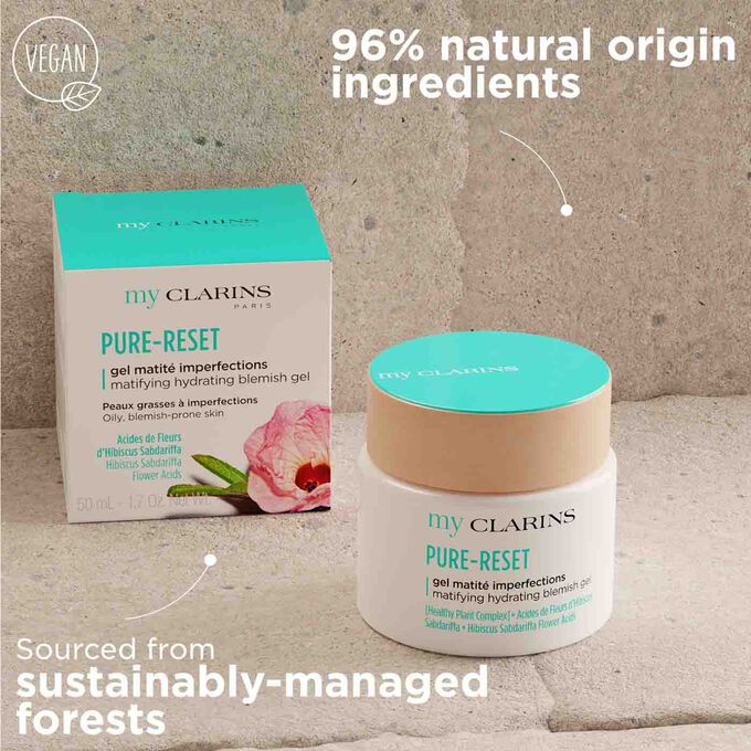 My Clarins Pure-Reset gel  from 96% natural origin ingredient with packaging sourced from sustainably-managed forests