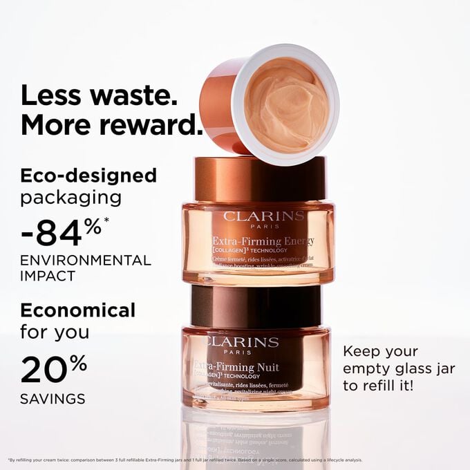 Packshot of Extra-Firming packaging and refill, highlighting eco-designed packaging and refillable features for sustainability