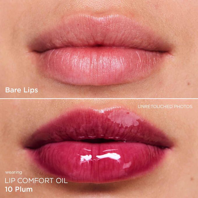 Before and after close-up of a woman’s lips, showing the results after applying the dark purple ton lip oil