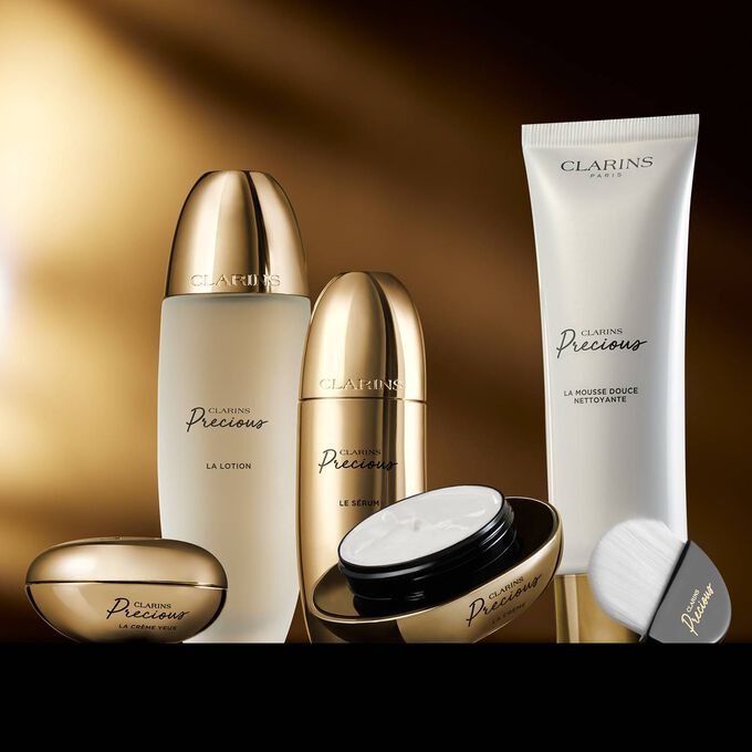 Presentation of the complete new Clarins Precious range, including a cleanser, creams, lotion and powder