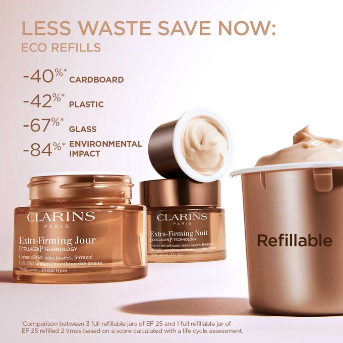 Focus on the Extra Firming Day Cream packaging to illustrate that refillable day cream is a sustainable and economical option.