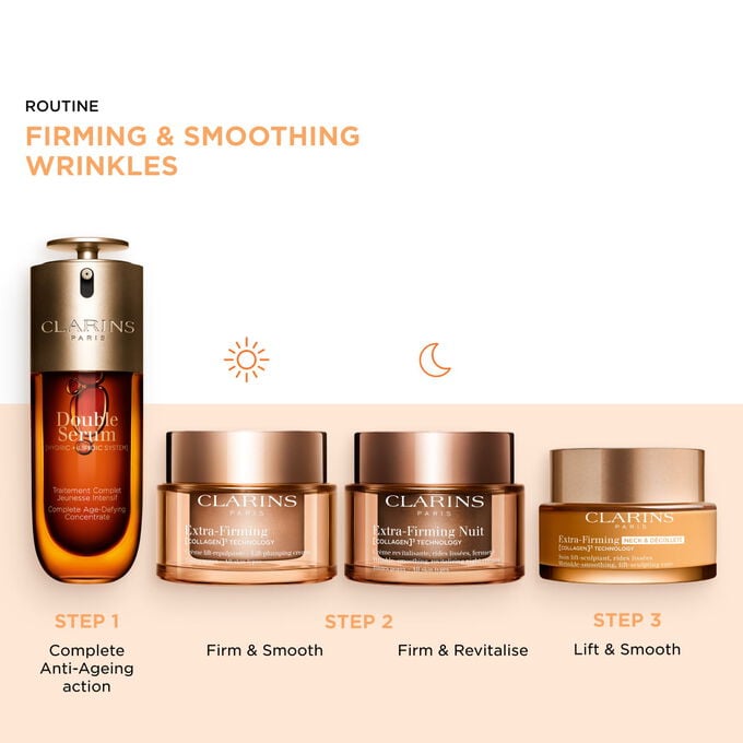 Must-have day and night anti-age routine for face, neck, and d&eacute;collet&eacute;: serum and anti-wrinkle cream for visible firmness.