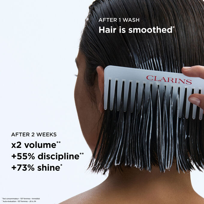 Smoothing conditioner results on hair: twice more volume and seventy-three percent more shine for easy to style hair.