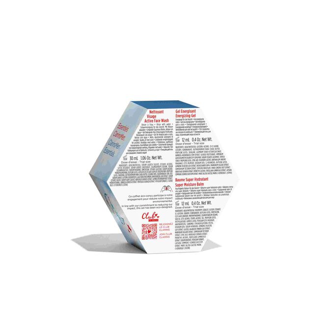 Packshot of the back of ClarinsMen Holiday Season Gift Set packaging, with the information about the products included.