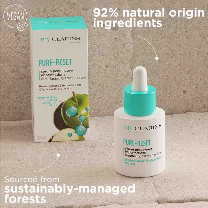 My Clarins Pure-Reset serum from 92% natural origin ingredient with packaging sourced from sustainably-managed forests