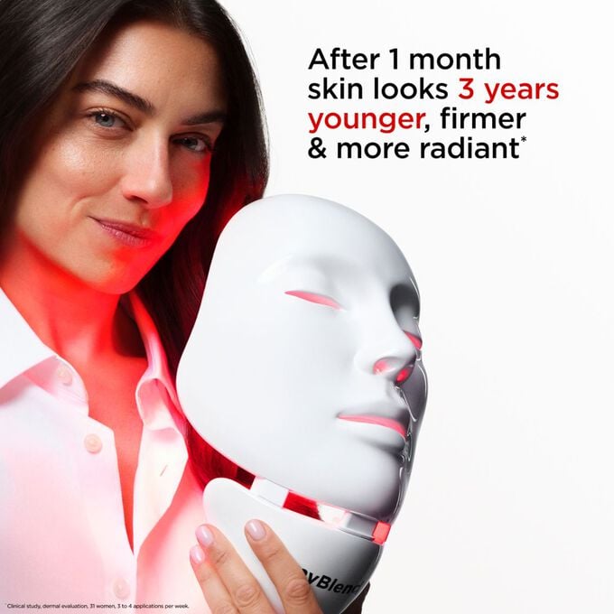 Close-up on model holding myLEDmask2 for face and neck, claiming its benefits to make the skin looks younger, firmer and more radiant