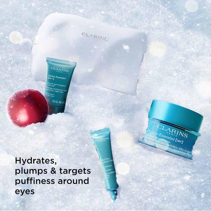 Packshot of Hydra-Essentiel Christmas gift pack, including full-sized hydrating cream, night cream, and eye contour products.