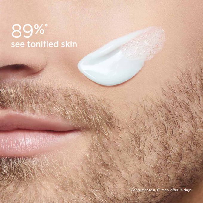 Focus on a man's cheek to illustrate that 88% of face cleanser users found their skin cleaner and more tonified.