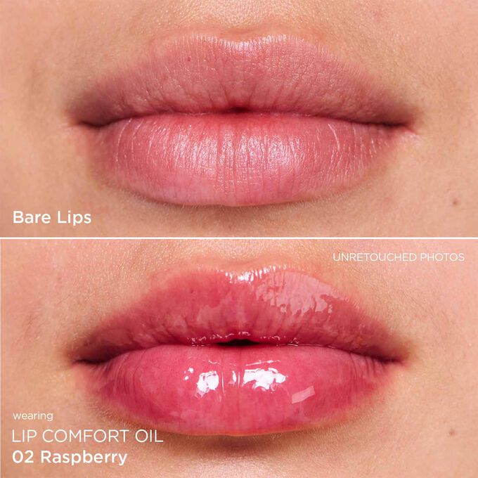 Before and after close-up of a woman’s lips, showing the results after applying the dark pink lip oil