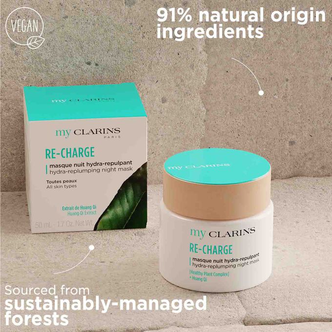 My Clarins Re-Charge from 91% natural origin ingredient with packaging sourced from sustainably-managed forests