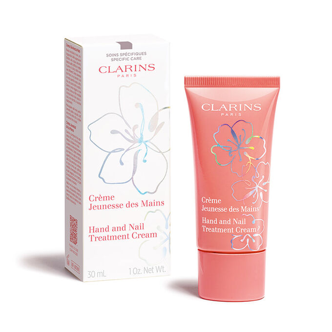 Photoshoot of a tube of Clarins limited edition Fairy Blossoms Hand Cream with its elegant secondary recyclable packaging.