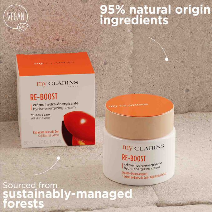 My Clarins Re-Boost from 95% natural origin ingredient with packaging sourced from sustainably-managed forests