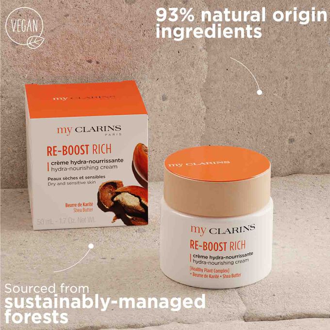 My Clarins Re-Boost Rich from 93% natural origin ingredient with packaging sourced from sustainably-managed forests